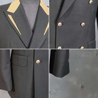 Costume Homme Noir Croisé à Revers Pointus avec Insert Contrastant Camel, Boutons Dorés, Poches à Rabat – Costumes d'Affaires Formels Sur Mesure (MTM)