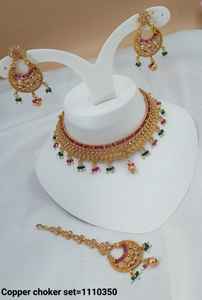 <b>INDIAN</b> TRADITIONAL and FASHIONABLE COPPER <b>JEWELLERY</b> BRIDAL WEDDING <b>JEWELLERY</b> SET for WOMEN EARRINGS and NECKLACE SET - Product Image 3