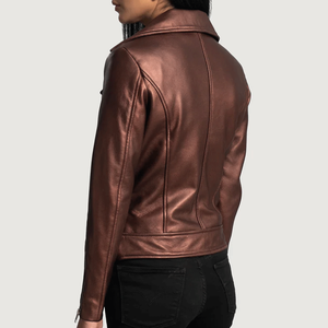 Chaqueta de piel de oveja auténtica estilo motorista Rumy Maroon para mujer, chaqueta de moto semialineada a prueba de viento, nombre del equipo personalizado - Product Image 4