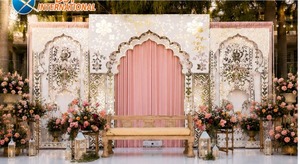 Outdoor Wedding Mirror Work Arch Panel <b>Frames</b> Elegant Moroccan Style Wooden Backdrop With <b>Pink</b> Arch And Floral Decor For Wedding - Product Image 3