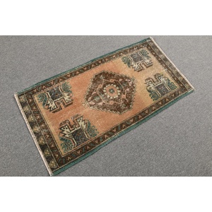 Turkish Vintage Rug, 1.7x3.3 ft Small Rug, <b>Brown</b> Green Oriental <b>Wool</b> Rug - Product Image 4
