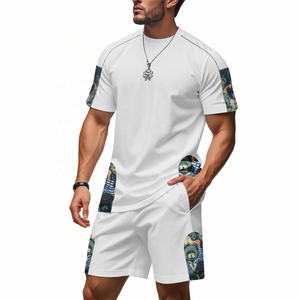 Men's Green Color Blocking Breathable Polyester/Cotton T-Shirt and Shorts <b>Set</b> Crew Neck Quick Dry <b>Knitted</b> Casual Summer Outfit - Product Image 2