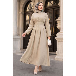 Vestido Formal Modesto Color Beige Oscuro con Cintura Plisada y Detalle de Cinturón, Transpirable, Talla XS, para el Día, Disponible en Largo hasta el Suelo y hasta la Rodilla - Product Image 1