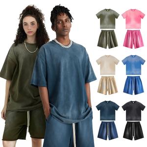 Conjunto de camiseta y pantalones cortos para hombre, ropa deportiva unisex informal, vintage, lavado con ácido - Product Image 1