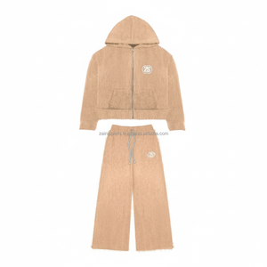 Chándal con cremallera de primera calidad, Sudadera con capucha de lana gruesa de invierno, 380 GSM, tela suave, color beige, chándal con estampado bordado de logotipo personalizado - Product Image 6