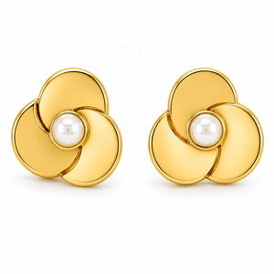 JJBRAVO Pendientes de Oro Macizo con Triple Disco y Perla de Agua Dulce AAA, Joyería Fina Moderna y Clásica para Mujer, Venta al por Mayor OEM ODM - Product Image 1