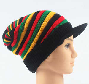 2025 Factory logo Custom Fashion Warm Jamaican Reggae Wool Cap Color Stripe Long rainbow Knit Pullover <b>Hat</b> With Brim - Product Image 1