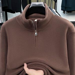 Nouveau sweat à capuche en jersey à col rond et demi-zip à carreaux pour homme, automne/hiver 2025, avec velours, polyvalent, chaud et épais - Product Image 2