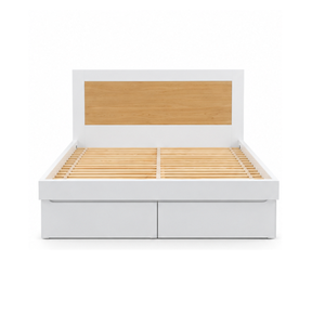 Cadre de lit en teck naturel avec tête de lit capitonnée beige et tables de chevet assorties pour chambre moderne - Product Image 2