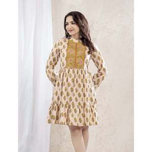 Robe Courte en Coton Imprimé Butti Beige Moutarde, Longueur Genou, Taille Élastique, Style Décontracté, Respirante, Taille Unique XS pour Jours Fériés - Product Image 5