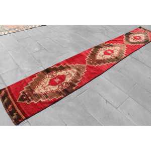Turkish Vintage <b>Runner</b> Rug 2x12.9 ft, <b>Red</b> Brown Check Wool Rug - Product Image 2