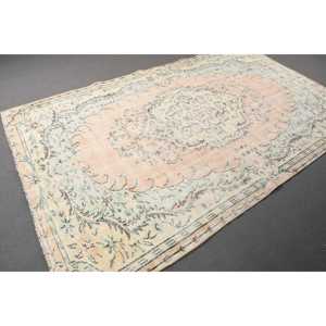 Vintage Turkish Rug, 5.8x9 ft Rug, Green <b>Yellow</b> Solid <b>Wool</b> Rug - Product Image 3