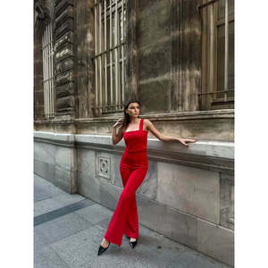 Mybeefashion Women's <b>Red</b> Flare Leg Cotton Blend Two-Piece Outfit Set with <b>Crop</b> <b>Top</b> and Wide Leg Pants - Product Image 2