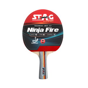 Raquette de tennis de table professionnelle Stag Iconic Ninja Fire, en bois et caoutchouc, avec fond à picots longs en fibre de carbone, vitesse rapide - Product Image 1
