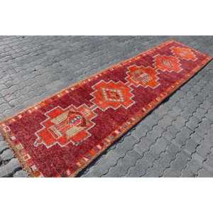Vintage Turkish <b>Runner</b> Rug 2.8x10.9 ft, Herki <b>Red</b> Wool Rug - Product Image 3