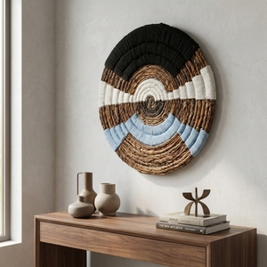 Panier mural en macramé en écorce de bananier naturelle, plateau rond géométrique arc-en-ciel bleu noir blanc, décoration artistique pure pour la mise en scène de la pièce, artisanat - Product Image 5