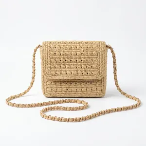 Fashion Beige Woven Raffia Crossbody <b>Shoulder</b> <b>Bag</b> with Tassel Adjustable <b>Strap</b> & Magnetic Closure for Beach Travel & Daily Use - Product Image 2