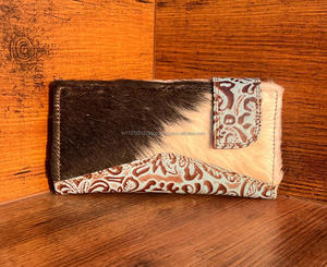 ใหม่จริง Cowhide ขนสัตว์หนังแกะสลักผู้หญิงกระเป๋าสตางค์สไตล์เคสโทรศัพท์ร้อนขายตะวันตก Turquoise ลายนูนหนังคลัทช์ - Product Image 2