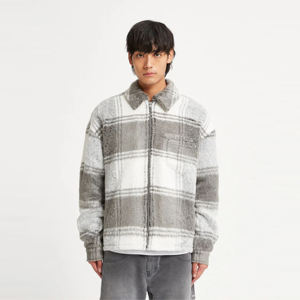 Chaqueta de camisa de franela-Gris/Blanco, ajuste de hombros caídos, bolsillos dobles y tela suave italiana de aspecto de mohair - Product Image 6