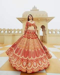 2024 vestido Lehenga acampanado hermoso Zari bordado blusa de seda de algodón cuentas de cristal Dabka trabajo adornado indio - Product Image 1