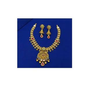 Majestuoso conjunto de collar chapado en oro de 22 quilates Diseño étnico vintage Adornos de piedra brillante para compromiso de boda - Product Image 1