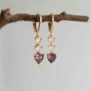 Purple Heart Amethyst Gemstone Charms 925 Silver Gold Plated Cute Dangle Earrings Vintage Style Anniversary Gift - Product Image 6