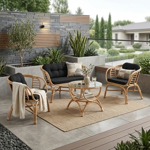 Natural Polished <b>Rattan</b> Garden Furniture Set <b>Sofa</b> Armchairs Glass Coffee Table Black Cushion Patio Setup Room Decor Art Design - Product Image 4