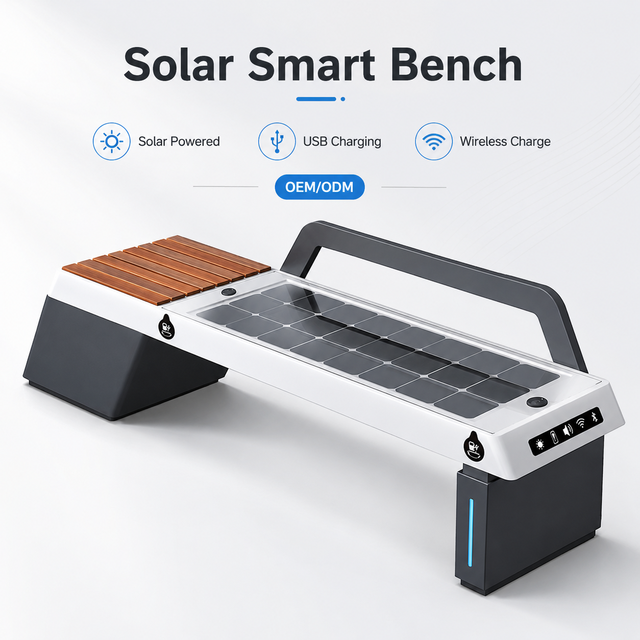 Outdoor Solar Smart Bench with Wireless & USB Charging, Multi-functional Public Seat for Theme Parks & Amusement Facilities