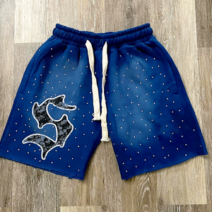 Shorts pour hommes vintage délavés à l'acide avec logo personnalisé imprimé en strass, 100% coton, shorts de sport décontractés avec impression de logo personnalisé - Product Image 3