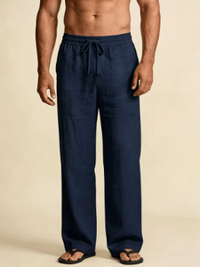 Pantalon décontracté ample en lin et coton pour homme, taille mi-haute avec cordon de serrage, couleur unie, idéal pour la plage - Product Image 3