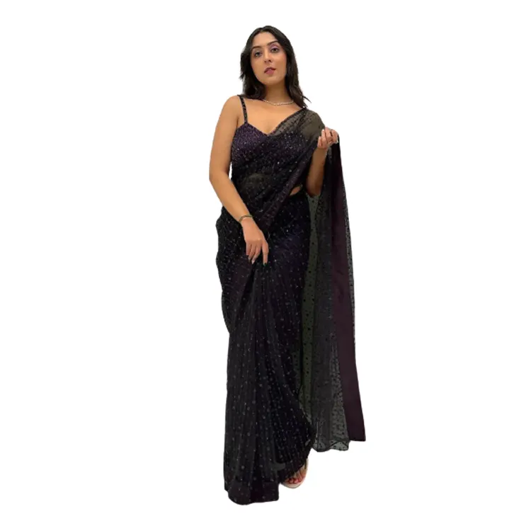 Customized Size Party and Wedding All Season Ethnic Ware Soft Net Material Fancy Embroidery Work Indian Style Women Saree