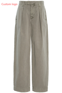 Nouveau style <span class=keywords><strong>pantalon</strong></span> droit d'extérieur personnalisé, <span class=keywords><strong>pantalon</strong></span> <span class=keywords><strong>chino</strong></span> plissé en coton taille mi-haute pour <span class=keywords><strong>femme</strong></span> - Product Image 2