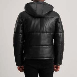 Gordon Casual Black <b>Sheepskin</b> Hooded Puffer <b>Jacket</b> with Standing Collar Zippered Embroidered Water-Proof Size XS ODM Supply - Product Image 5