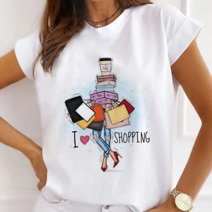 Camiseta de manga corta con cuello redondo blanco sólido para mujer Logo estampado Spandex/mezcla de algodón secado rápido verano Casual Regular Fit - Product Image 6