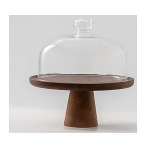 Support à gâteau élégant en bois avec dôme en verre, conçu pour la présentation de desserts en cuisine, le service, la décoration et les événements - Product Image 2