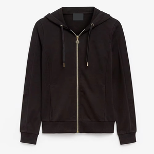 Survêtement noir à capuche pour femme, manches longues, fermeture éclair sur le devant, vêtement décontracté d'automne, matière coton et élasthanne, coupe classique, poches latérales - Product Image 6