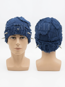 OEM ODM Custom Winter Clothing Vintage Washed Ribbed Jacquard Caps With Denim Patches & Stud Denim Knitted <b>Beanie</b> Caps - Product Image 4