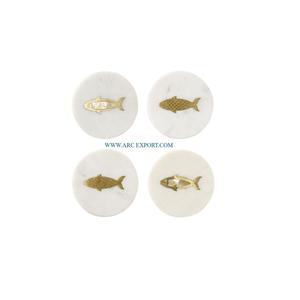 Juego de 2 Posavasos de té y café de mármol blanco pulido dorado de Metal de diseñador de pescado Posavasos de lujo de mesa clásicos de primera calidad - Product Image 1