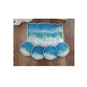 Plateau de service en résine époxy verte de qualité supérieure avec sous-verres à motifs floraux Ensemble de sous-verres de qualité supérieure en forme de rectangle - Product Image 6