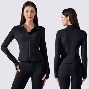 Femmes à manches longues à séchage rapide Sport Yoga Crop Jacket Leggings Pantalon Costume Texture solide Zip-Up Design Poches Active Tops - Product Image 2