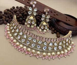 Hermoso diseño chapado en oro con piedras y aspecto de perla conjunto de collar clásico con pendientes para mujeres bodas compromisos desgaste - Product Image 2