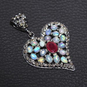 Colgante de piedras preciosas de diamante granate y ópalo Ethiopain Natural hecho a mano diseño Vintage 925 Fabricación de plata esterlina de alta calidad - Product Image 4