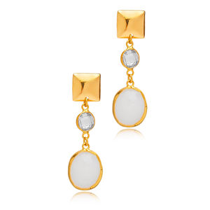 ควอตซ์ควันสีขาวรูปไข่หินสี่เหลี่ยมธรรมดา 22K ทอง BEZEL 925 เงินสเตอร์ลิงต่างหูสตั๊ด - Product Image 3