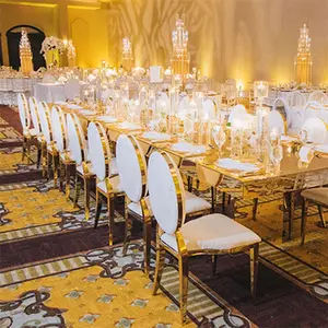 結婚式のイベント豪華なラウンドOバックデザインパーティーレンタル可動クッション金属ステンレス鋼ゴールドチェアイベント用