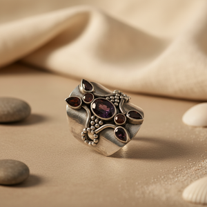 Bague statement en argent 925 avec pierre précieuse grenat, taille ajustable, classique, plaquée or 18 carats, incrustation en titane et cuivre, bijoux - Product Image 2