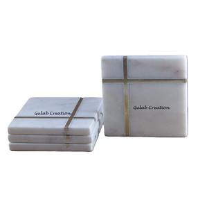 Lot de 4 sous-verres en marbre blanc avec incrustation élégante en laiton Ensemble de sous-verres décoratifs faits à la main pour table à manger et décoration intérieure - Product Image 1