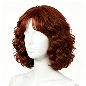 Perruque courte bouclée en cheveux humains Auburn avec frange fine - Product Image 2