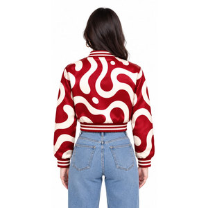 Chaqueta universitaria con estampado geométrico rojo, manga larga, cuello vuelto, cierre de botones, ropa de otoño para mujer - Product Image 5