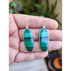 Handmade Fashion Sterling Silver <b>Dangle</b> <b>Earrings</b> Natural Malachite Long Oval Gemstone Jewelry Women's Birthday Anniversary - Product Image 2