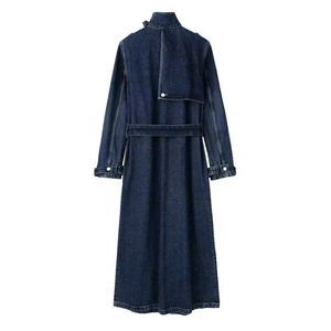 <b>Womens</b> Fashionable Long Denim Trench Coat Featuring High Neck Collar And Adjustable Waist Belt Stylish Dark Blue - Product Image 4